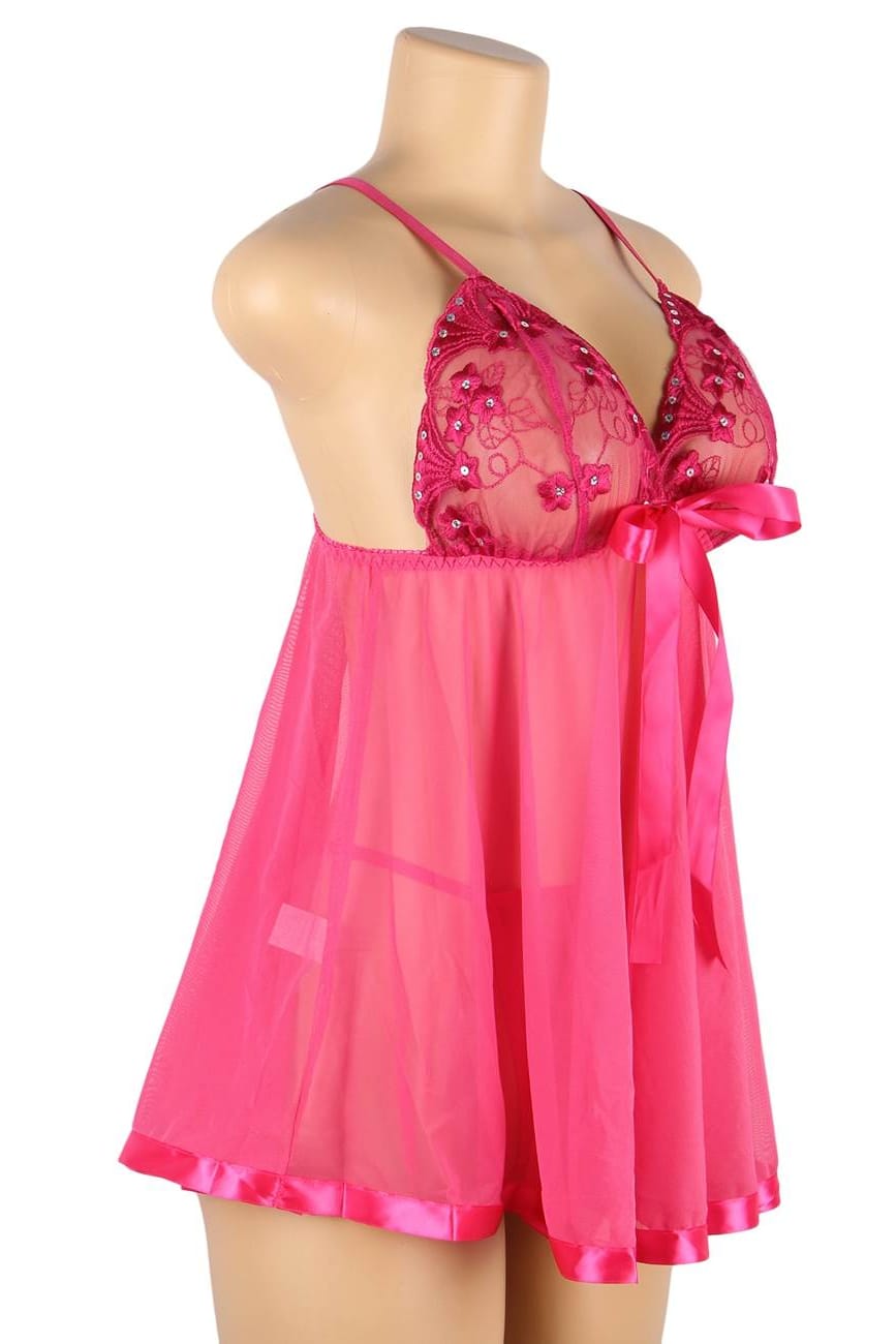 Plus Size Hot Pink Sheer Mesh Babydoll