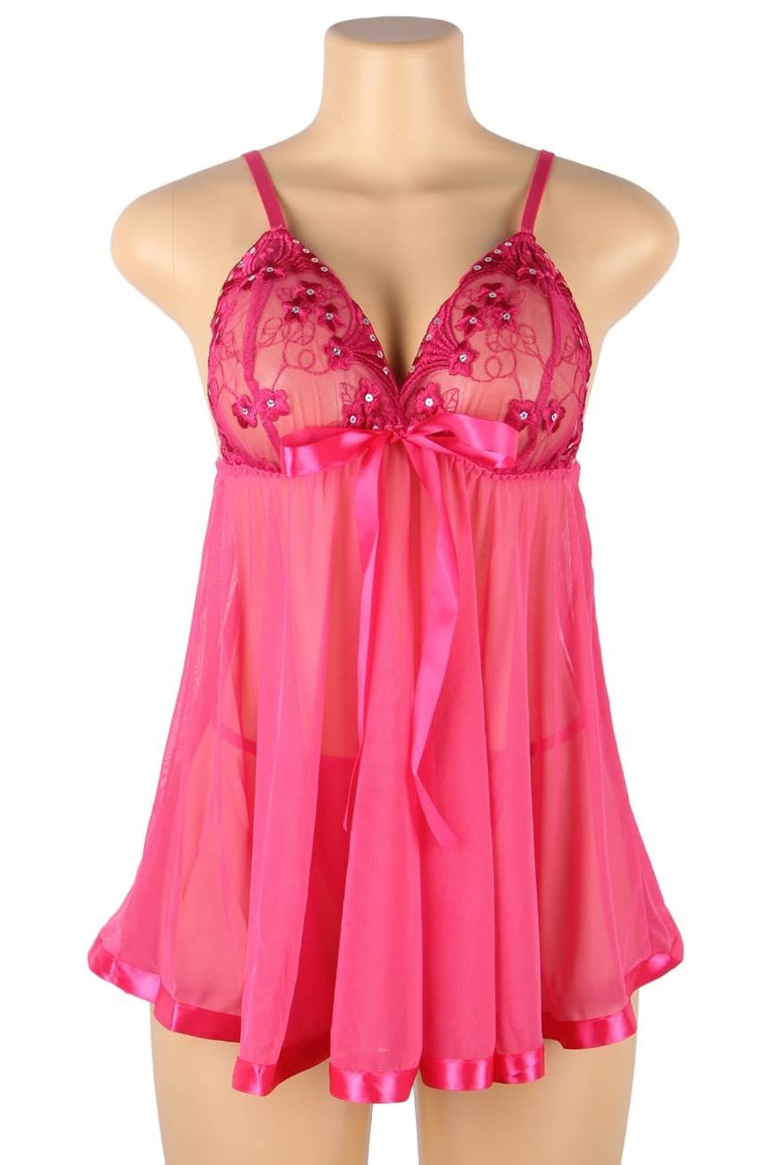 Plus Size Hot Pink Sheer Mesh Babydoll