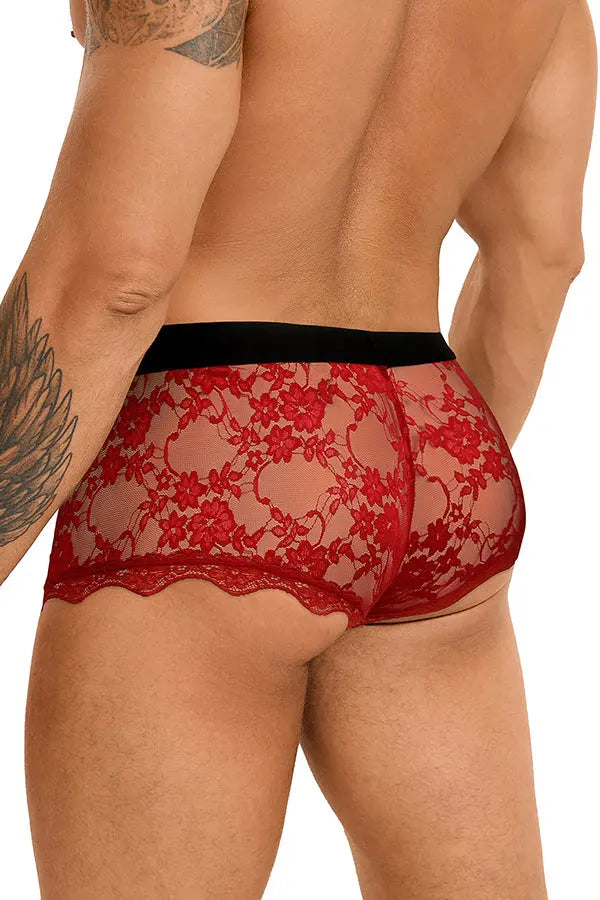 Men's Red Floral Lace Boxer Briefs Lingerie Diva