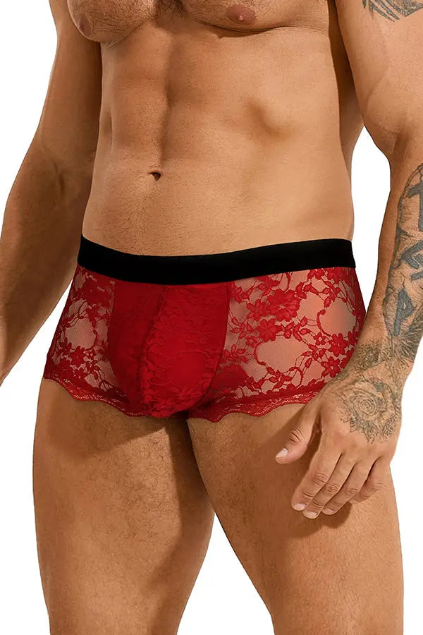 Men's Red Floral Lace Boxer Briefs Lingerie Diva
