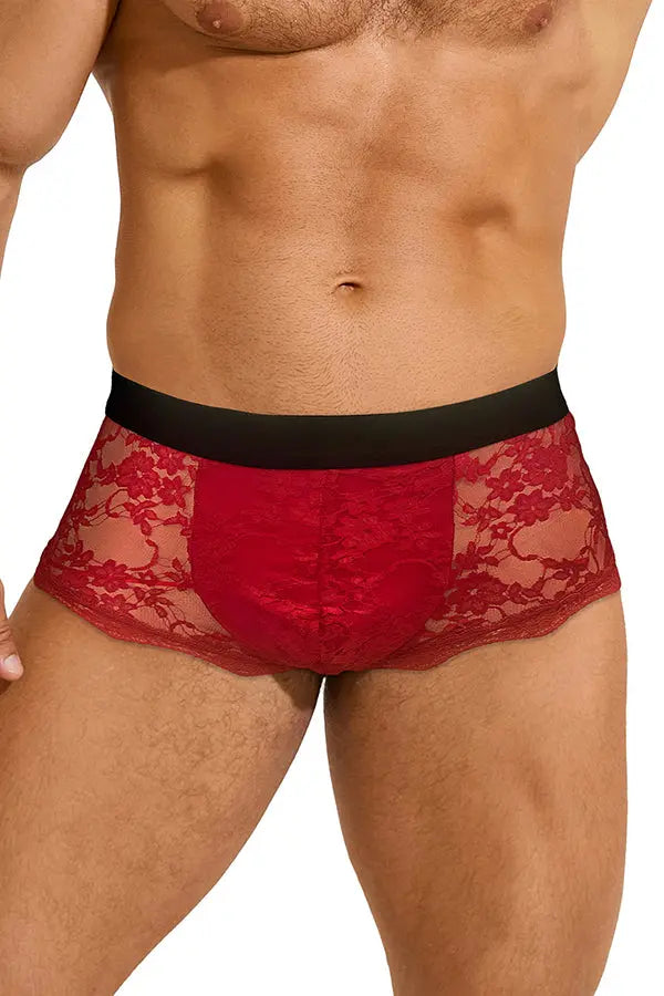 Men's Red Floral Lace Boxer Briefs Lingerie Diva