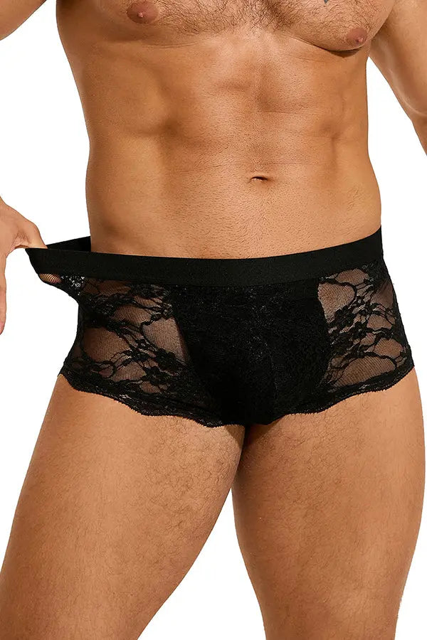 Men's Black Floral Lace Boxer Briefs Lingerie Diva