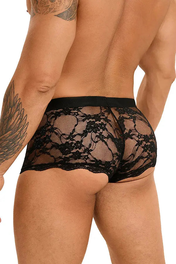 Men's Black Floral Lace Boxer Briefs Lingerie Diva