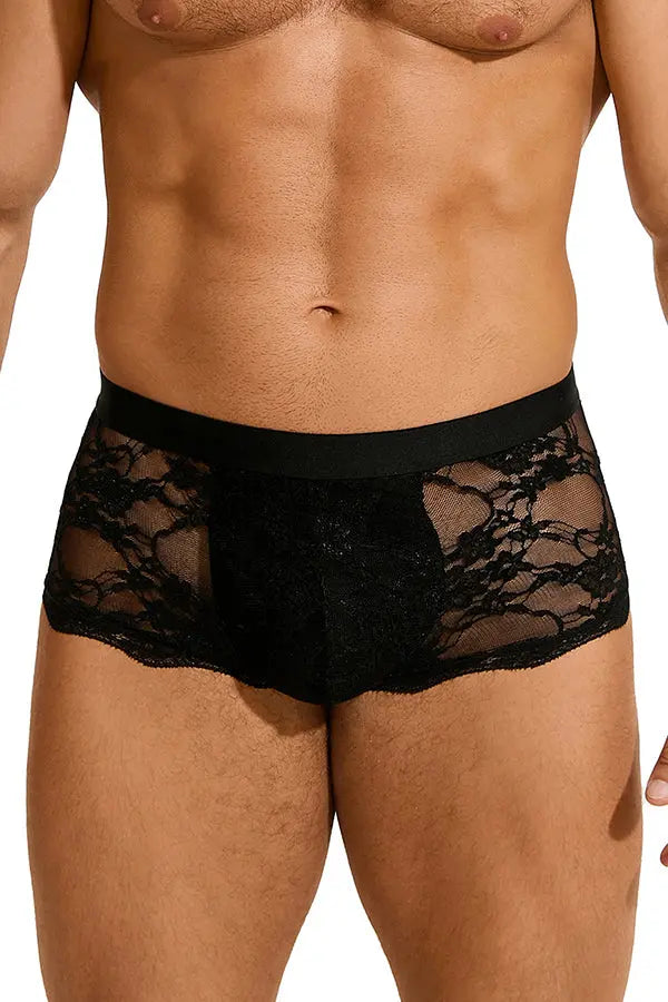 Men's Black Floral Lace Boxer Briefs Lingerie Diva