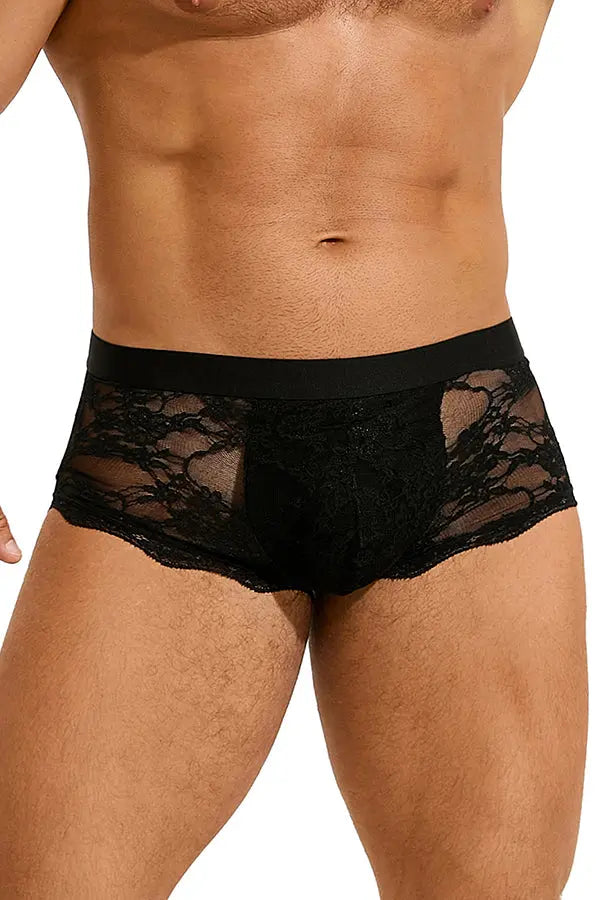 Men's Black Floral Lace Boxer Briefs Lingerie Diva
