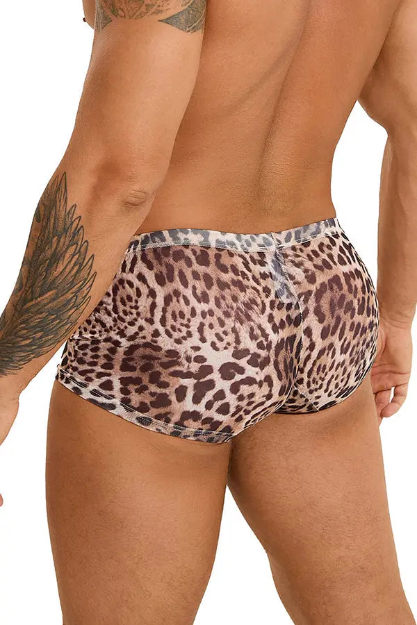 Men's Sexy Leopard Print Sheer Mesh Boxer Briefs Lingerie Diva