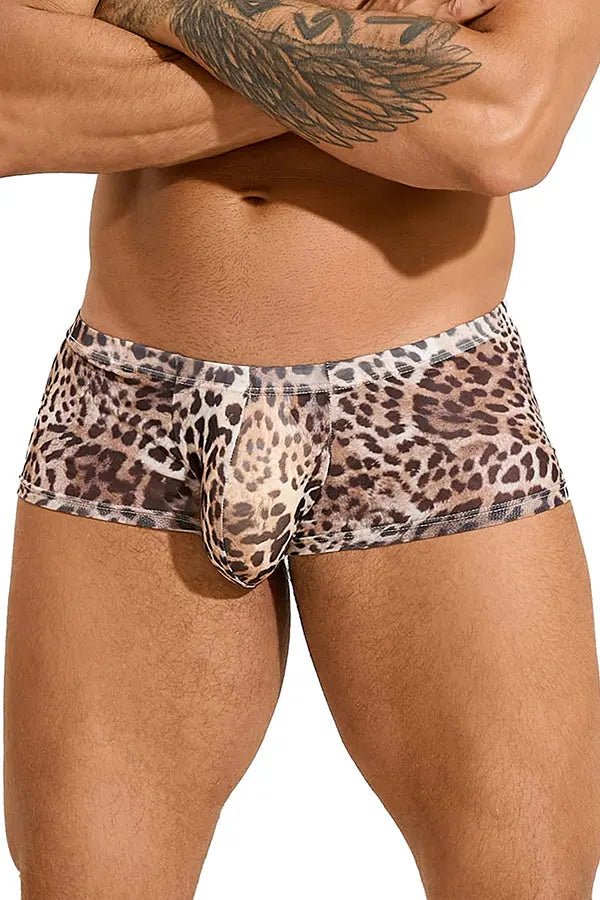 Men's Sexy Leopard Print Sheer Mesh Boxer Briefs Lingerie Diva