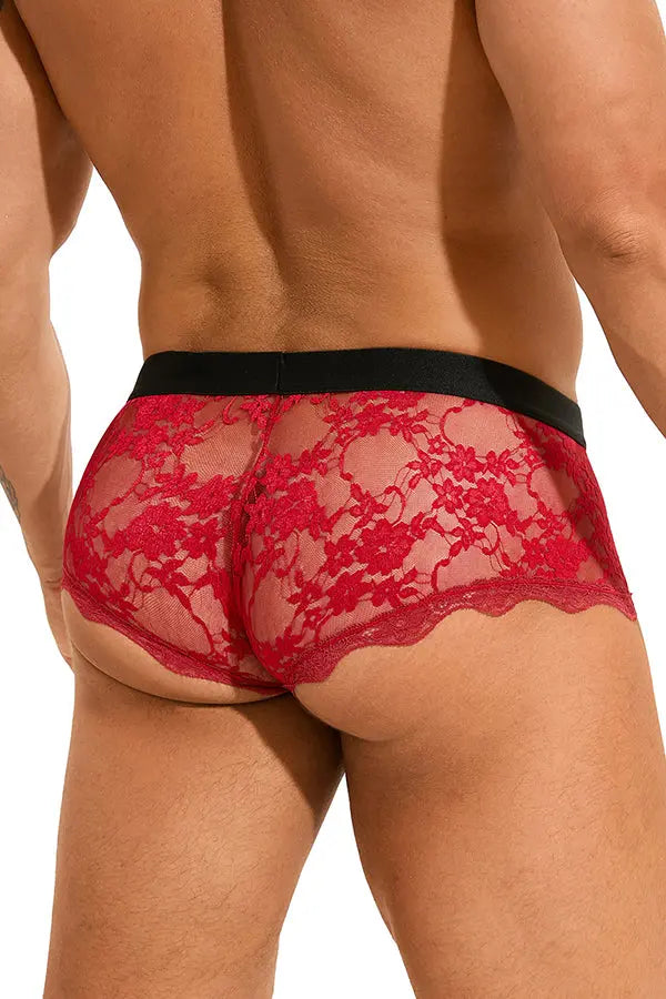 Men's Red Floral Lace Boxer Briefs Lingerie Diva