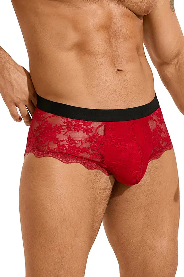 Men's Red Floral Lace Boxer Briefs Lingerie Diva