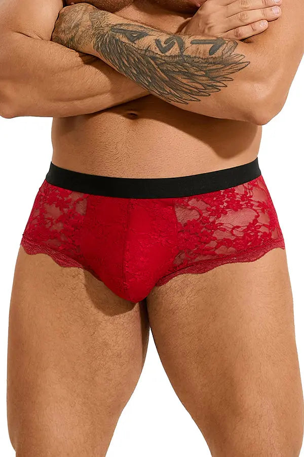 Men's Red Floral Lace Boxer Briefs Lingerie Diva