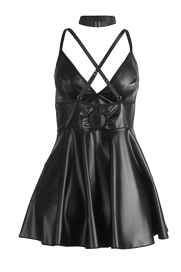 Plus Size Sexy Black Faux Leather Babydoll