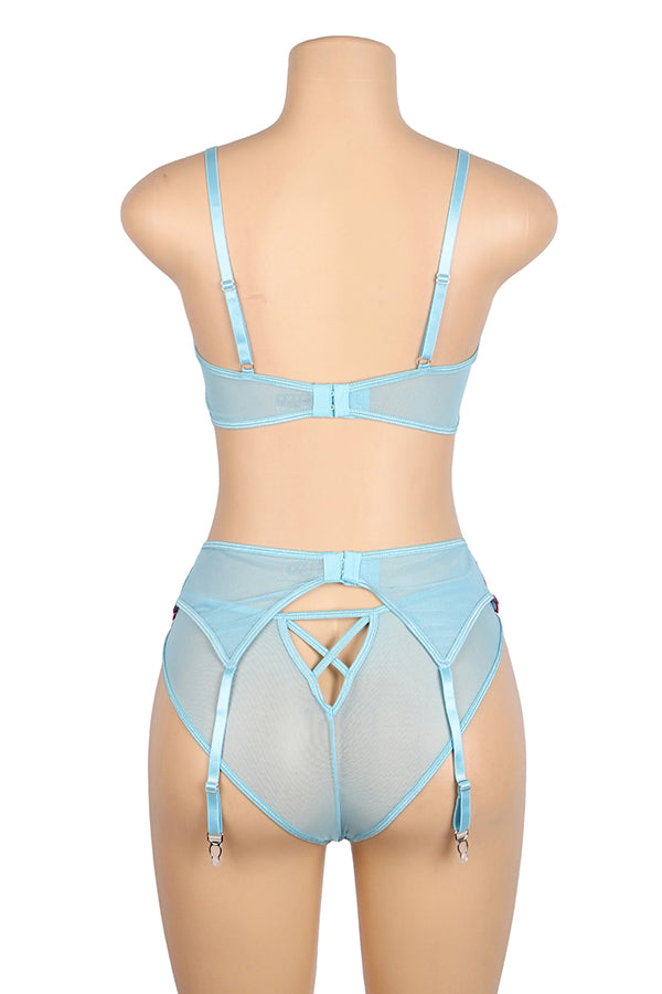 Plus Size Blue Floral Embroidered Bra Set