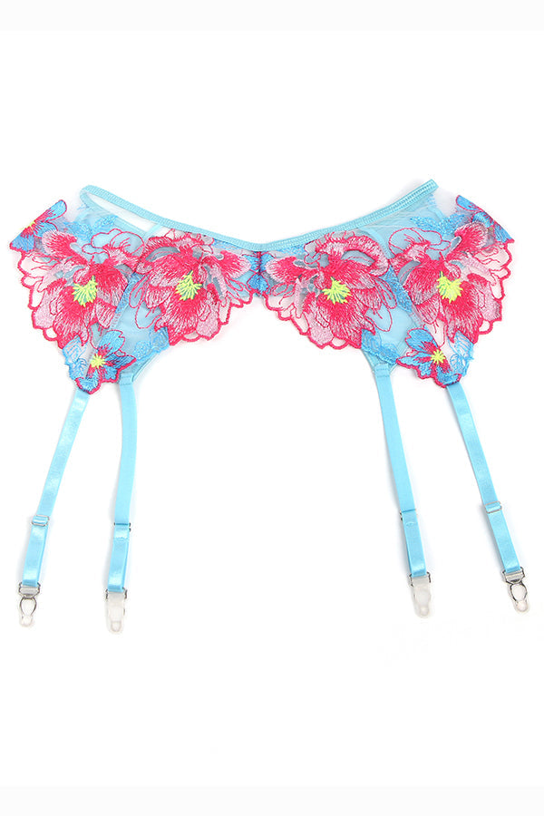 Plus Size Blue Floral Embroidered Bra Set