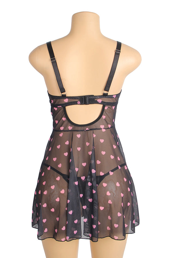 Seductive Black Heart Print Lace Push-Up Nightdress