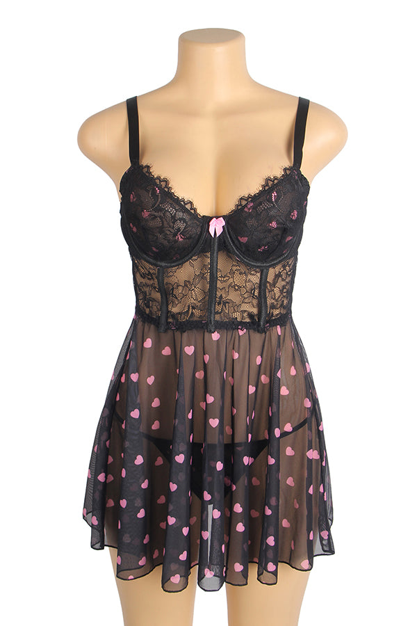 Seductive Black Heart Print Lace Push-Up Nightdress