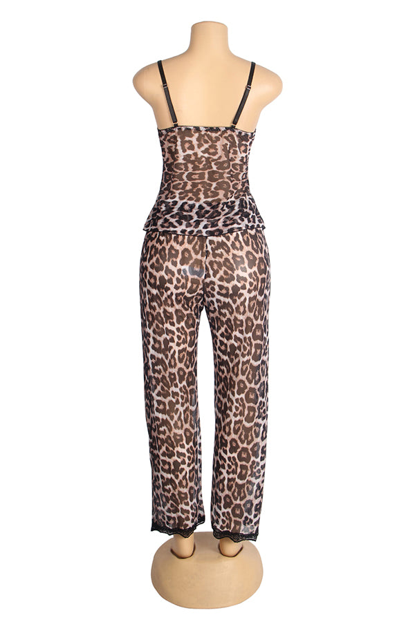 Plus Size Leopard Print Sheer Mesh Pajama Set
