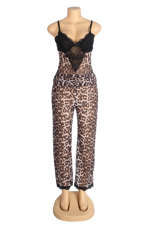 Plus Size Leopard Print Sheer Mesh Pajama Set
