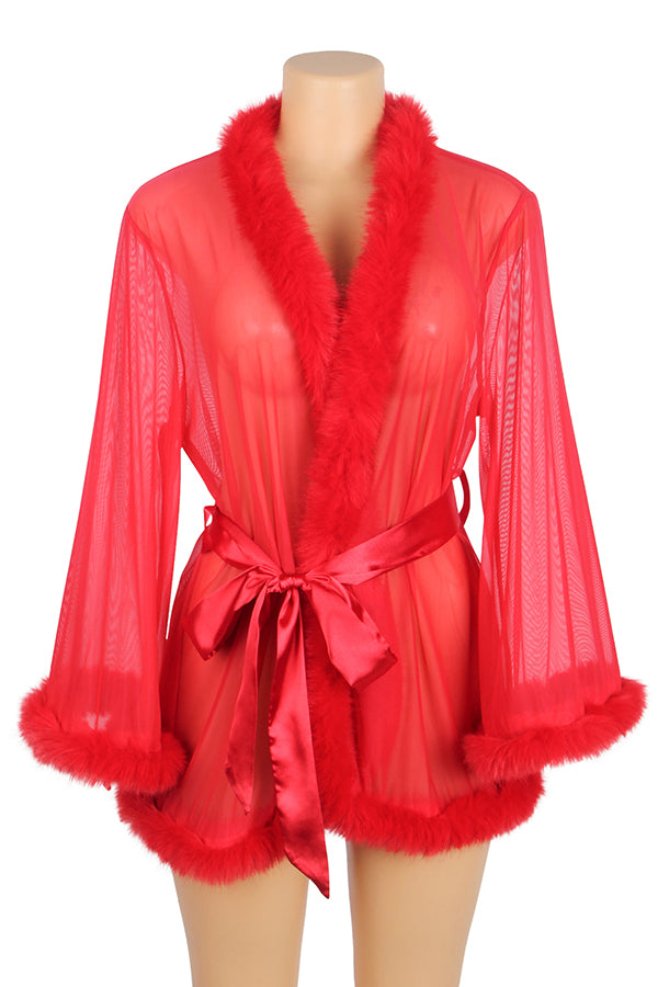 Red Sheer Faux Fur Trim Robe
