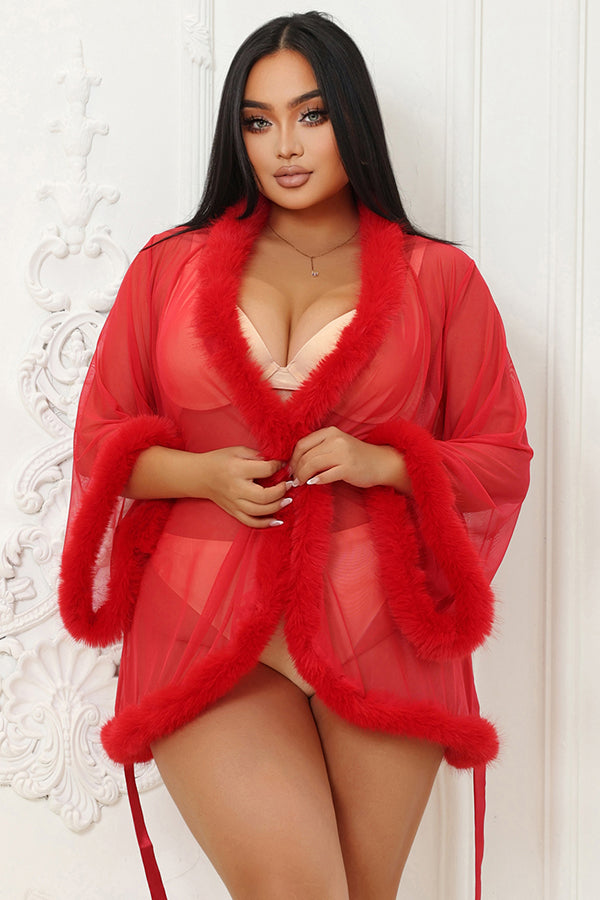 Red Sheer Faux Fur Trim Robe