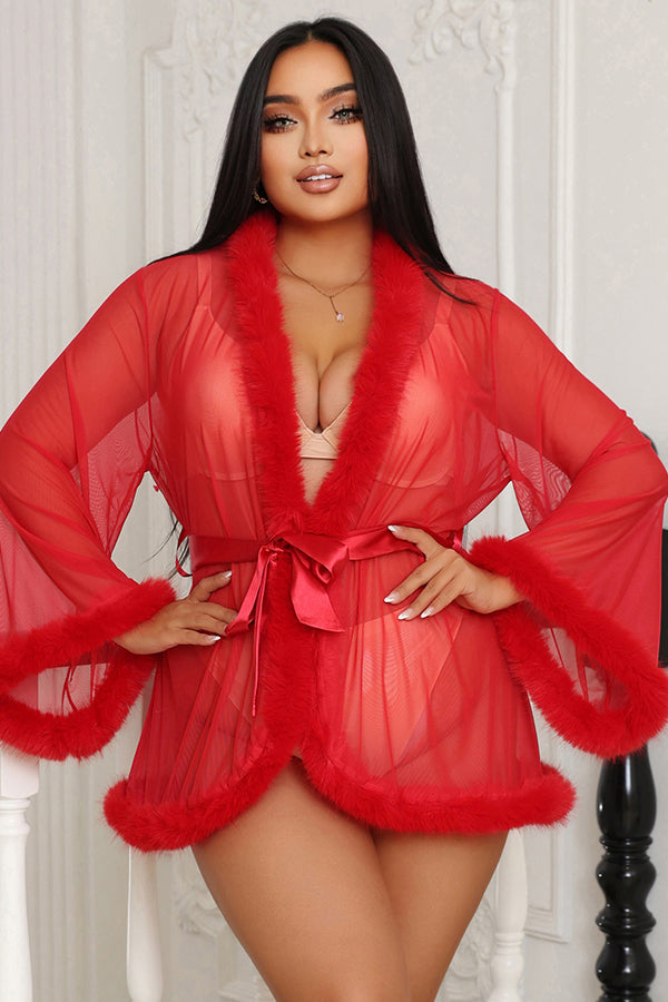 Red Sheer Faux Fur Trim Robe