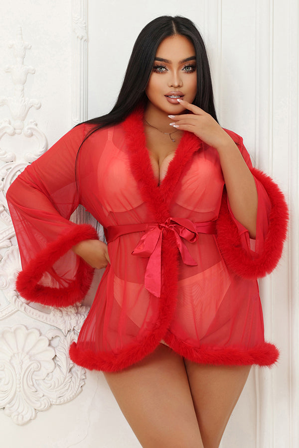Red Sheer Faux Fur Trim Robe