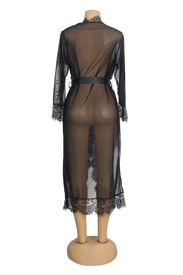 Plus Size Black Sheer Lace Robe