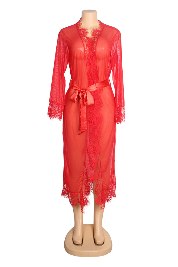 Plus Size Red Sheer Lace Robe