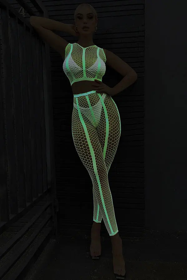 Neon Luminous Mesh Crop Top and Leggings Lingerie Diva