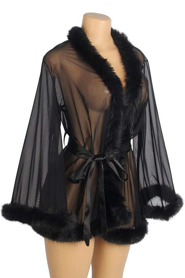 Black Sheer Faux Fur Trim Robe