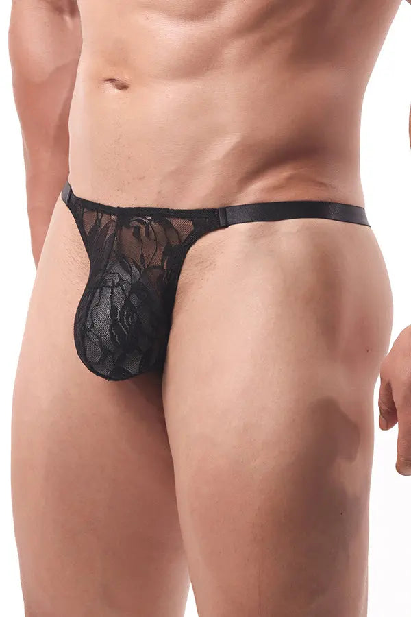 Men's Sexy Black Floral Lace Thong Lingerie Diva