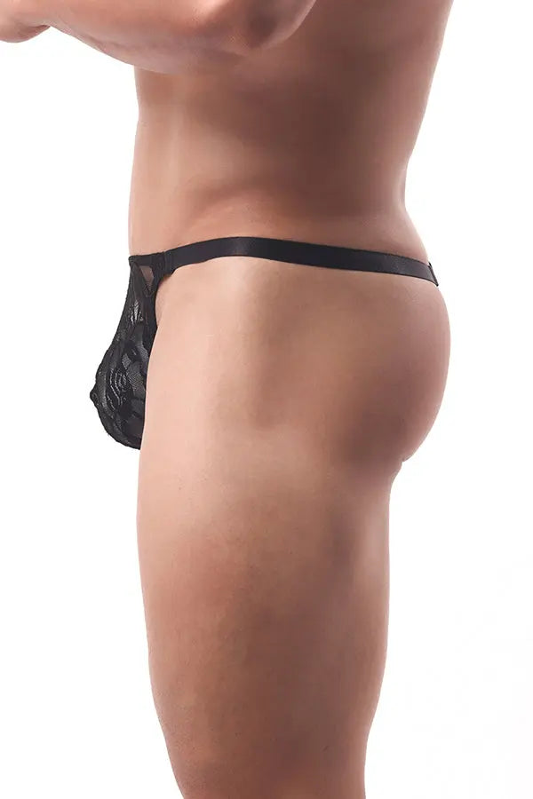 Men's Sexy Black Floral Lace Thong Lingerie Diva