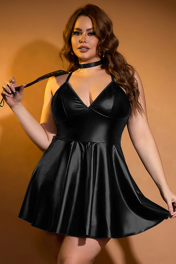 Plus Size Sexy Black Faux Leather Babydoll