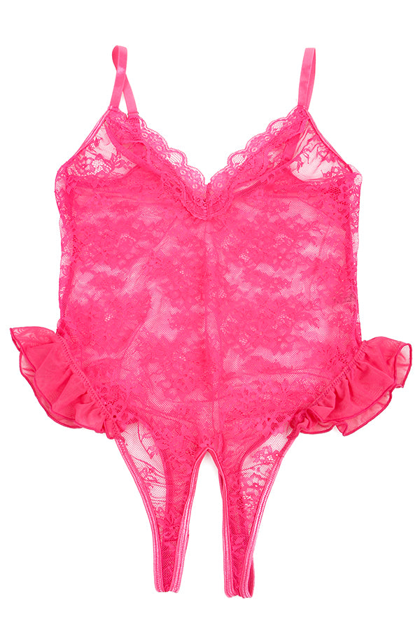 Hot Pink Crotchless Lace Teddy Bodysuit