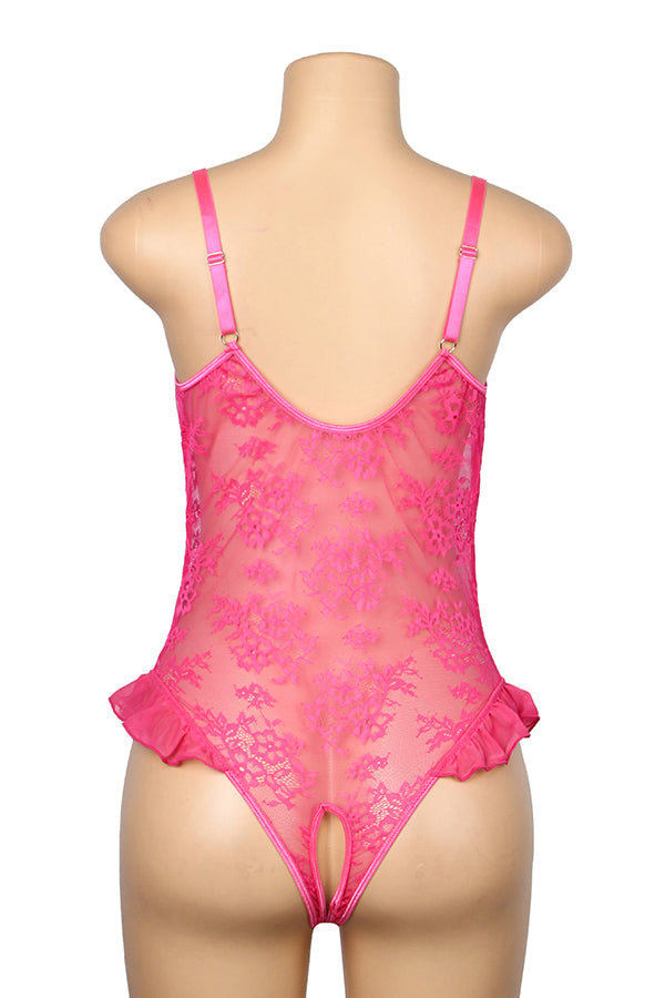 Hot Pink Crotchless Lace Teddy Bodysuit