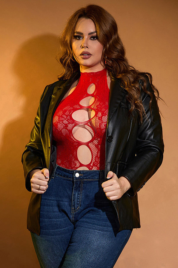 Plus Size Sexy Red Lace Halter Bodysuit