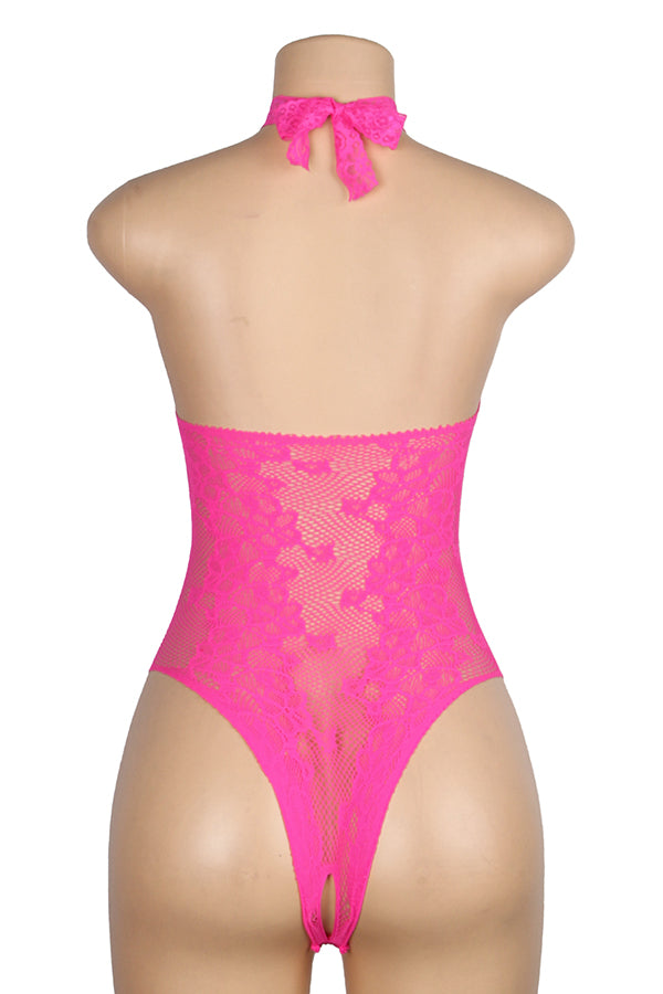 Plus Size Sexy Hot Pink Lace Halter Bodysuit