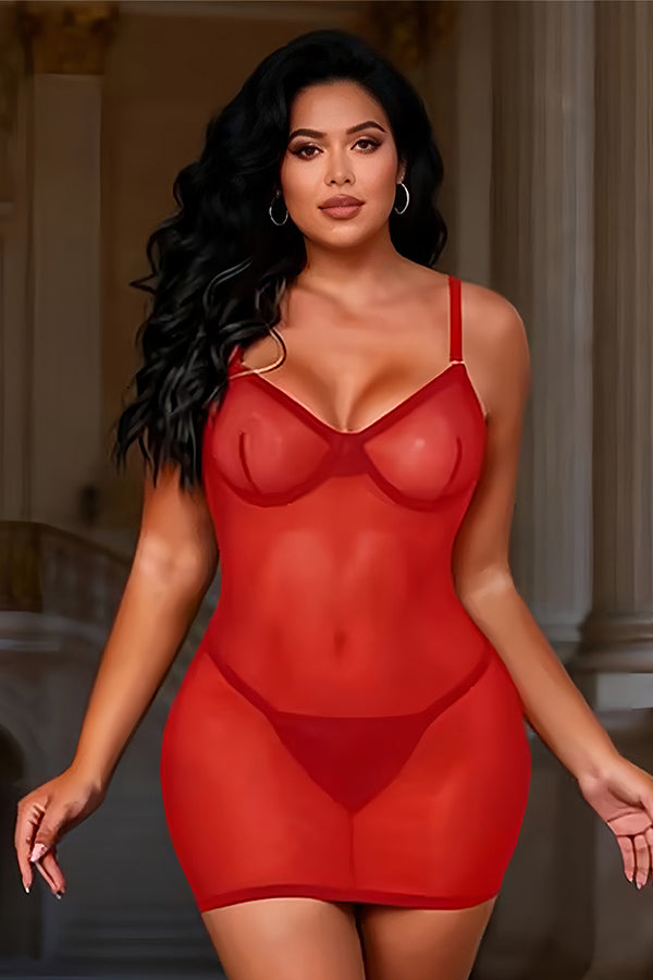 Plus Size Red Sexy Mesh Strappy Chemise
