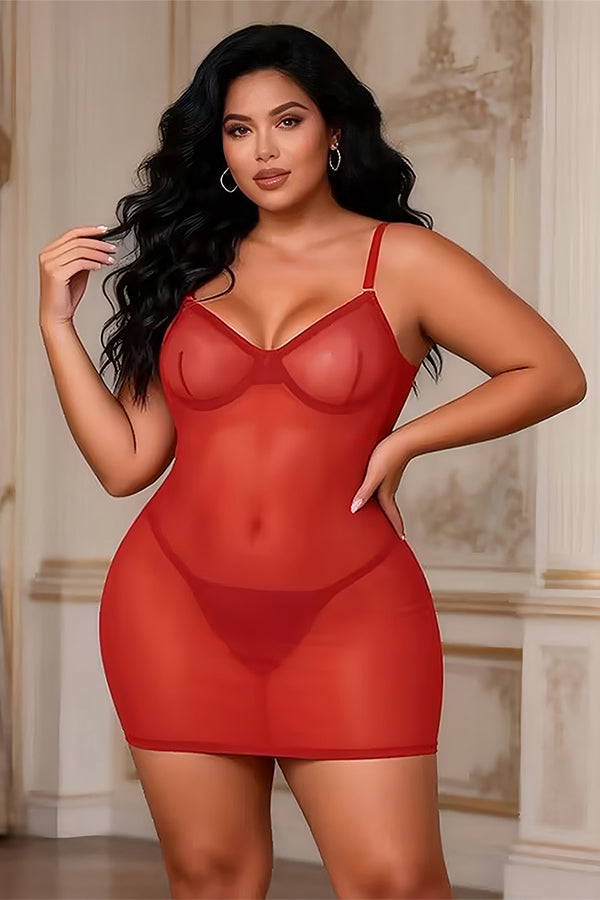 Plus Size Red Sexy Mesh Strappy Chemise