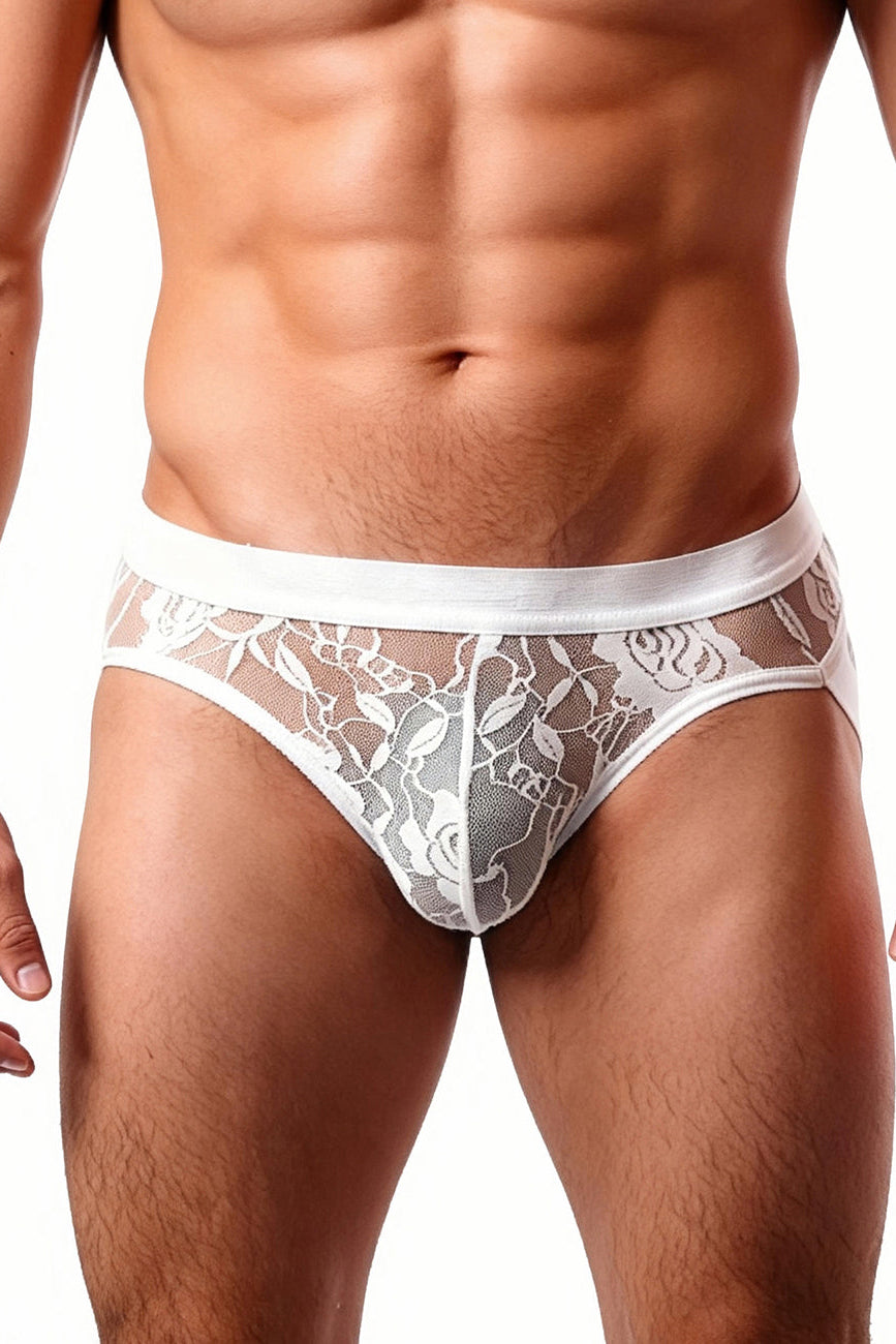 Men's White Lace Briefs with Sheer Mesh