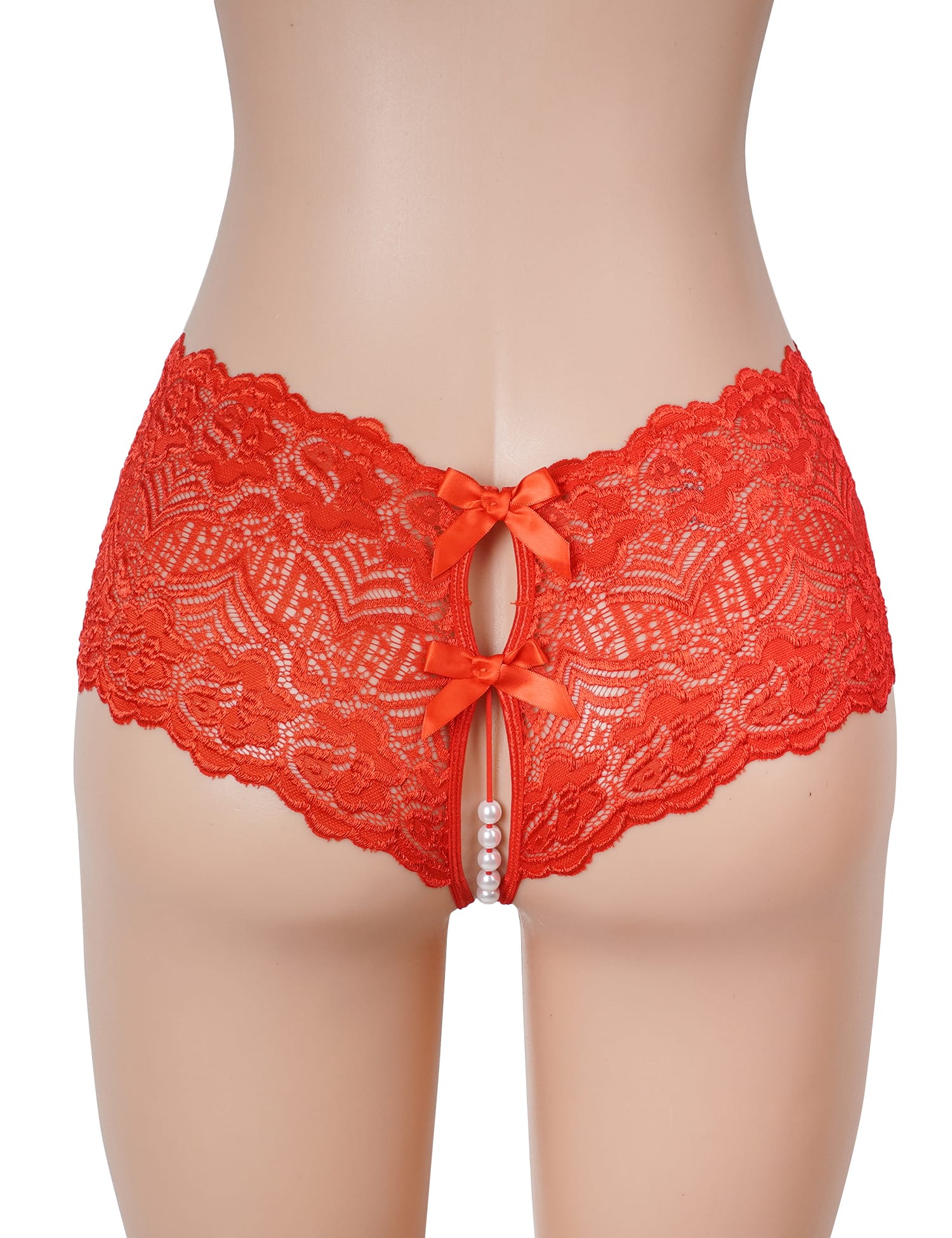 Red Lace Crotchless Panty with Pearls