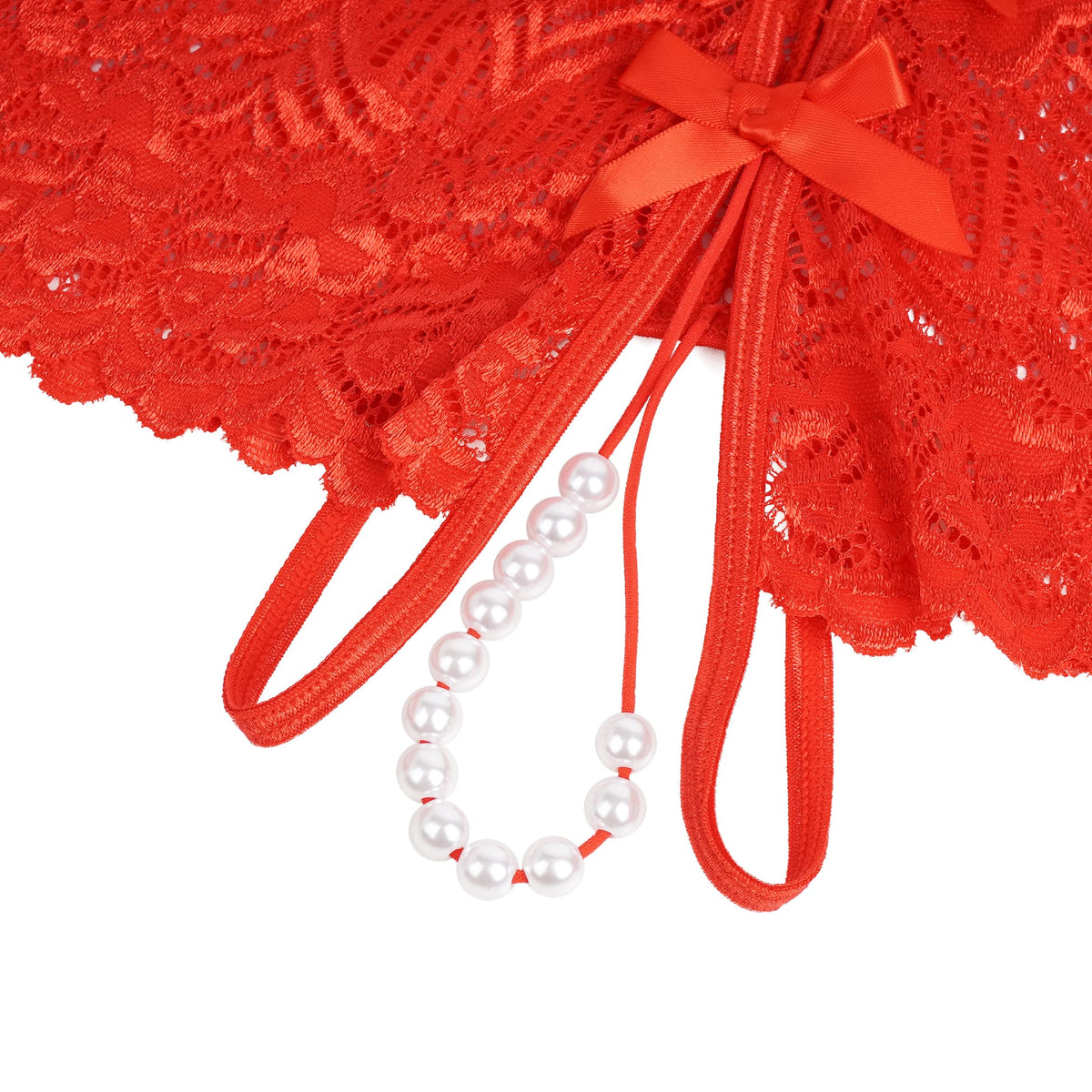 Red Lace Crotchless Panty with Pearls