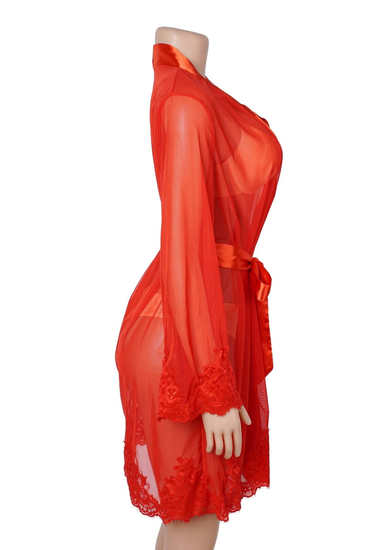 Red Sheer Mesh Floral Lace Robe