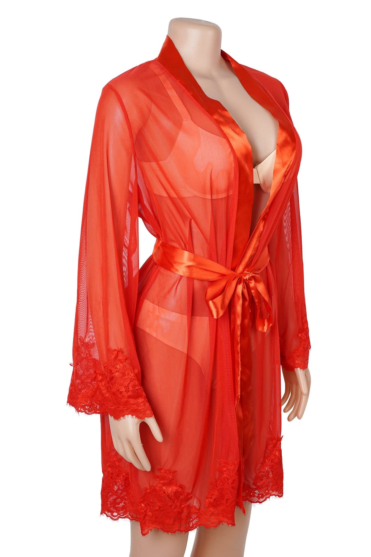 Red Sheer Mesh Floral Lace Robe