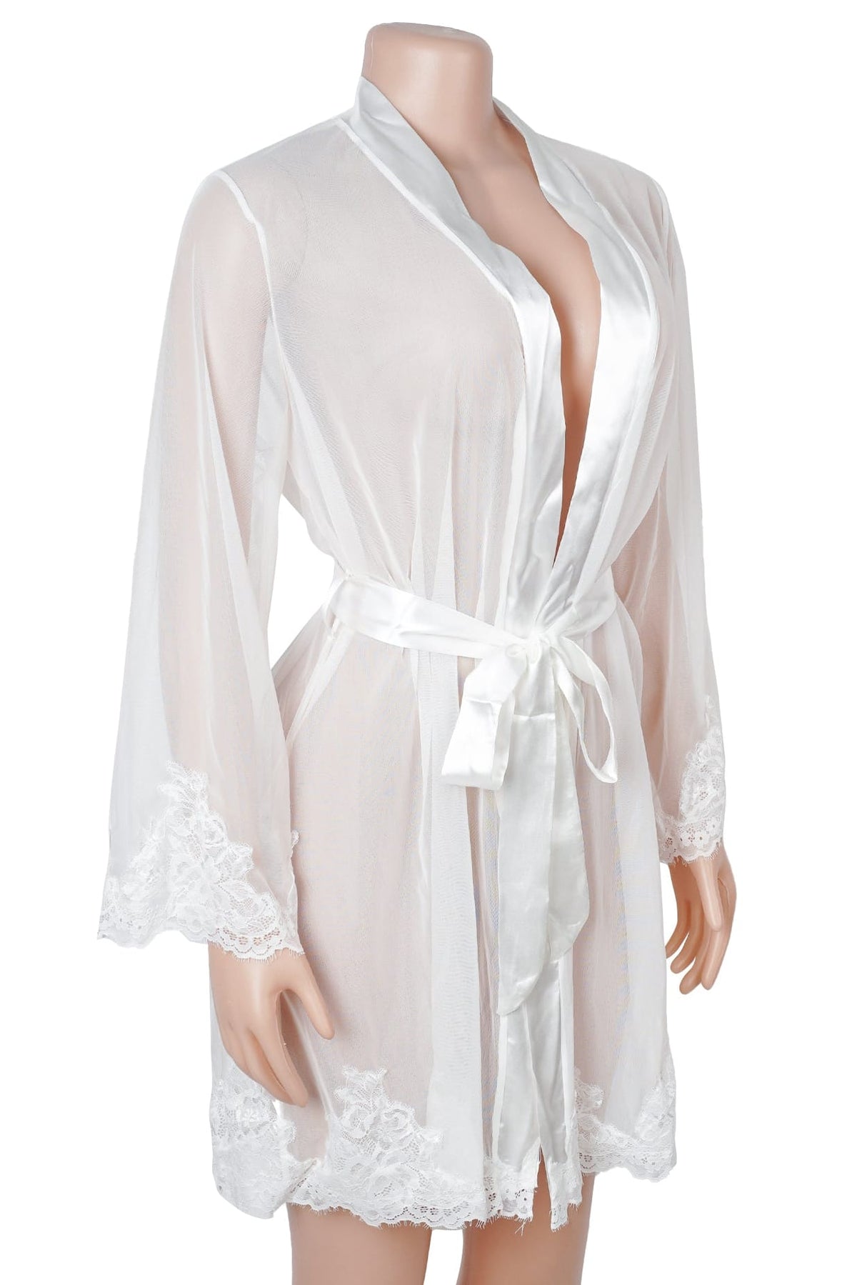 White Sheer Mesh Floral Lace Robe