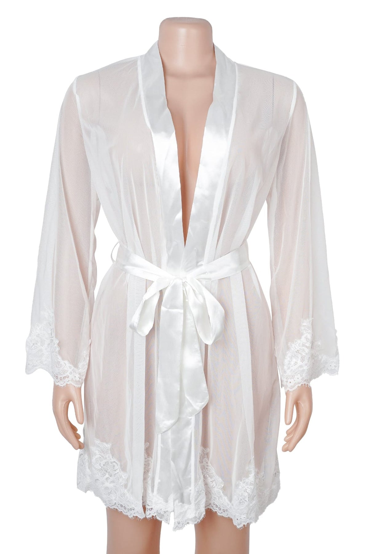 White Sheer Mesh Floral Lace Robe