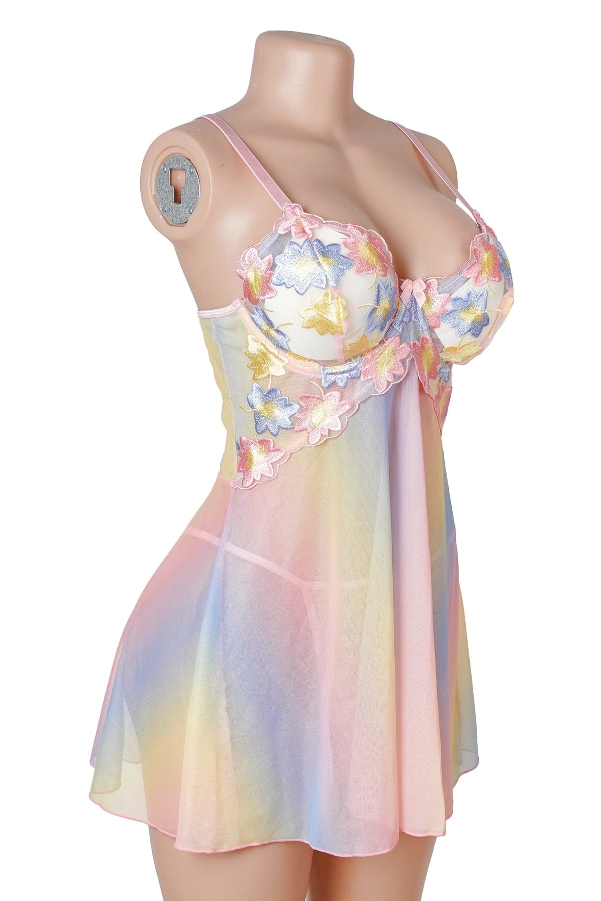 Rainbow Sheer Mesh Floral Embroidered Babydoll
