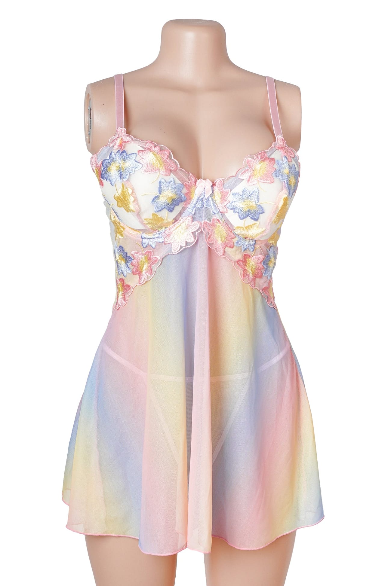 Rainbow Sheer Mesh Floral Embroidered Babydoll