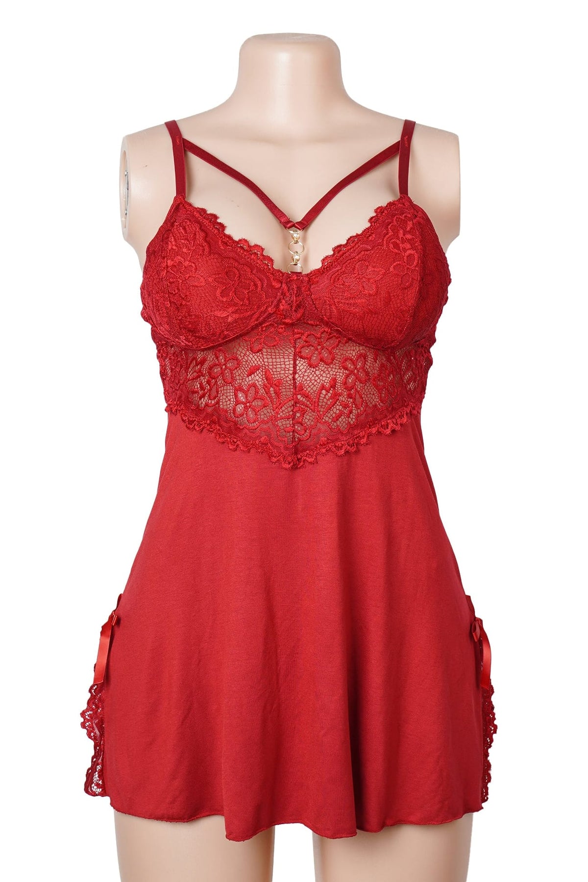 Red Floral Lace Babydoll with Side Slits