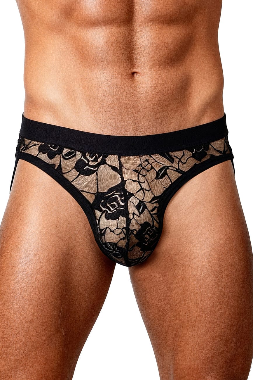 Men's Black Floral Lace Briefs