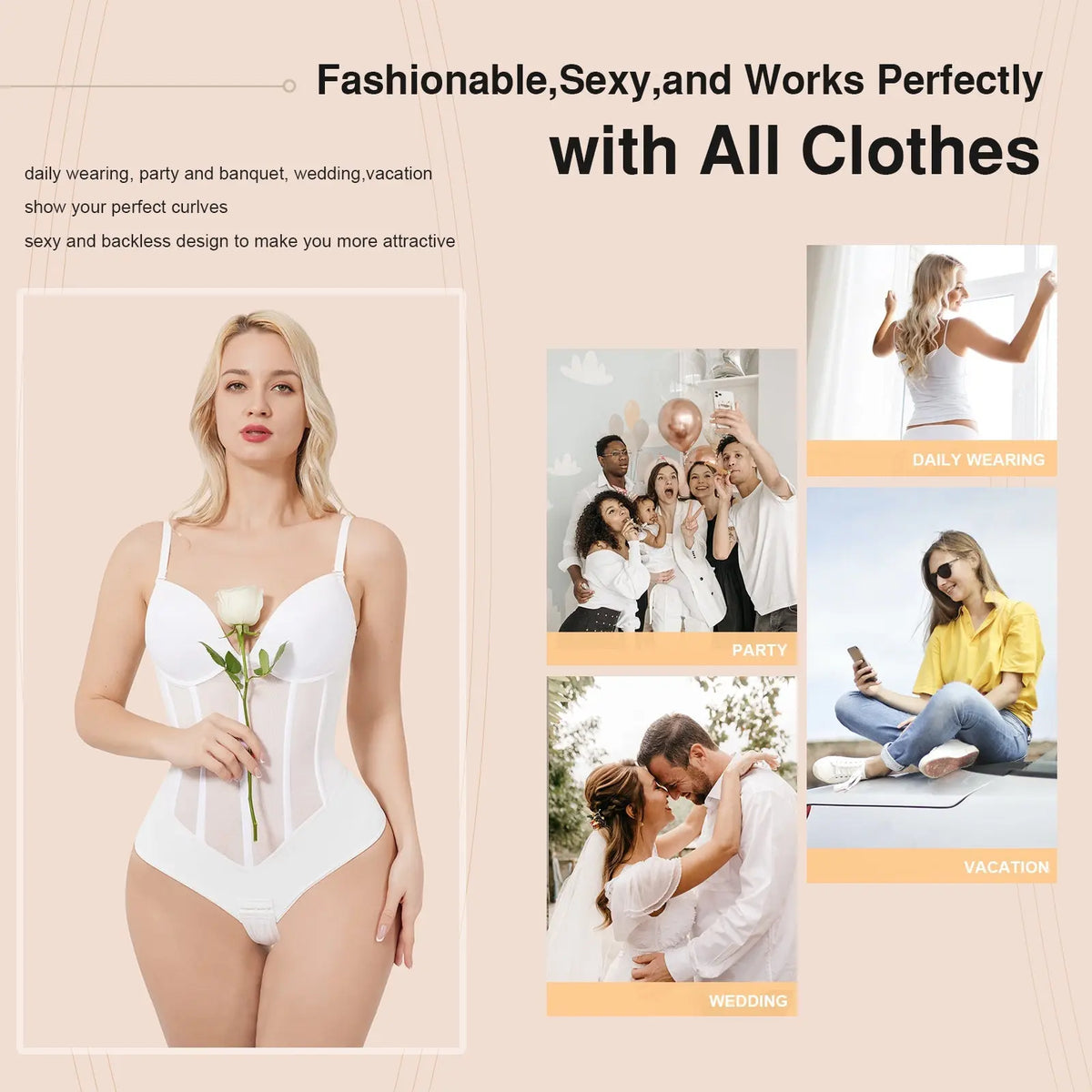 White Plunge Backless Bodysuit Shaper With Built-In Bra And Velvet Boned Corset CocoLolos